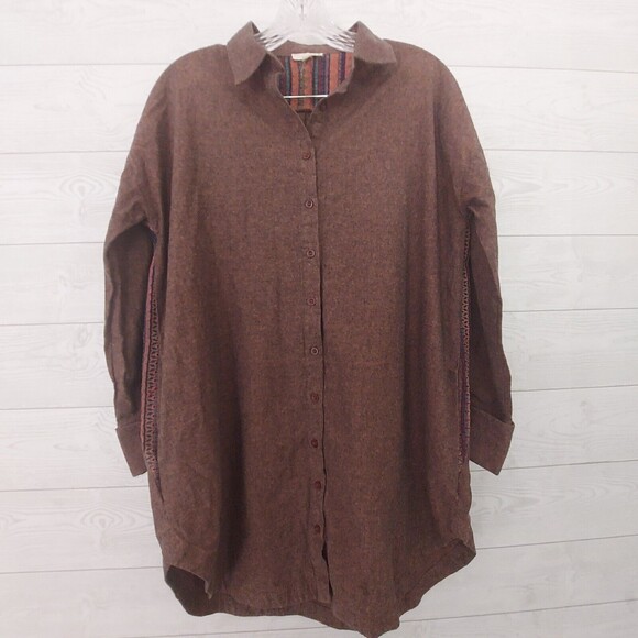 Oddi Shirt Small Western Boho Embroider Button Up Pockets Oversize Shacket Brown - Picture 2 of 9